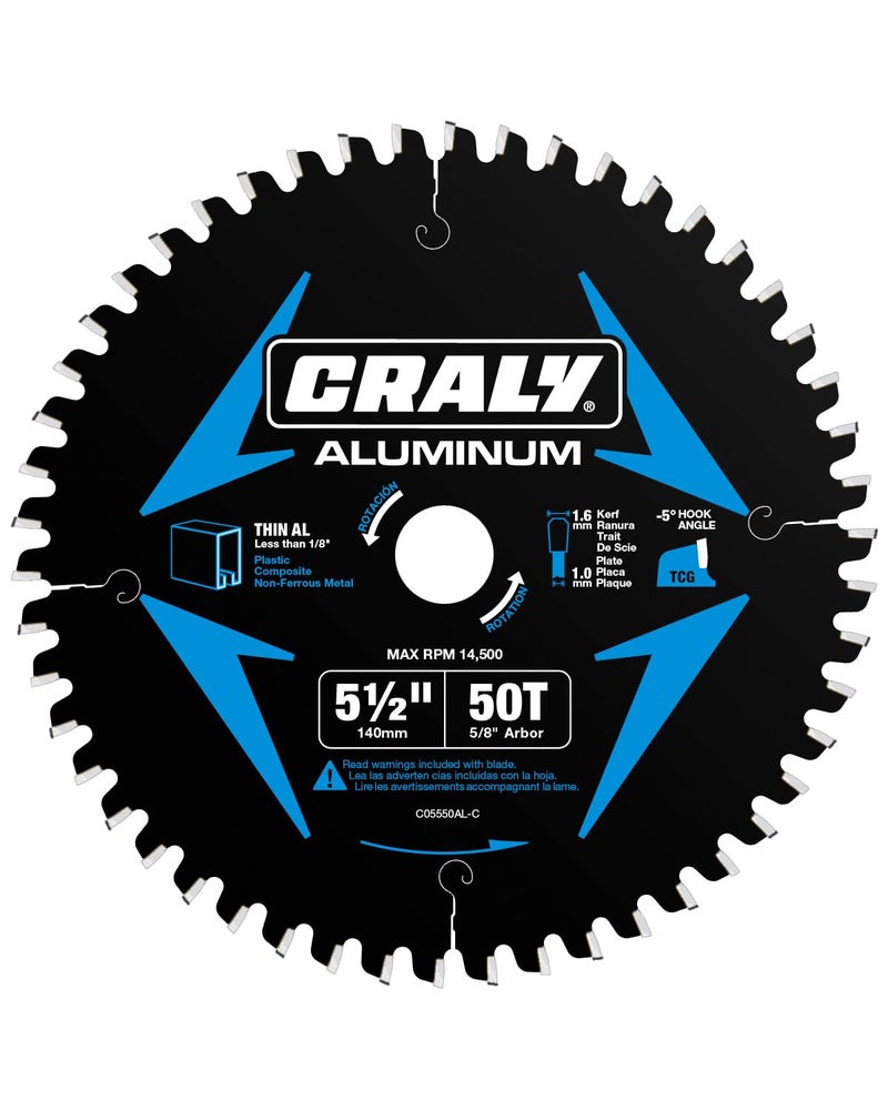 CRALY 5-1/2 Inch 50 Teeth Aluminum and Non-Ferrous Metal Cutting Circular Saw Blade, 5/8 Inch Arbor, Carbide Tipped, Thin Kerf, Black Ice™ Coating, for Thin Aluminum, Plastic, Composite(C05550AL-C) - Image 1